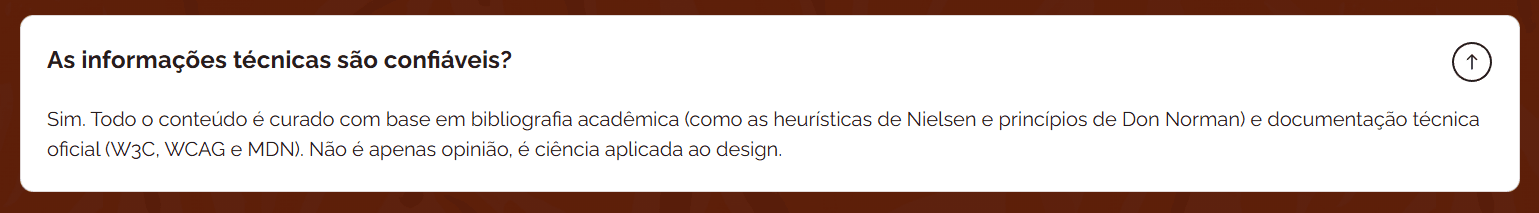 FAQ em formato de accordion, exibindo apenas as perguntas inicialmente.