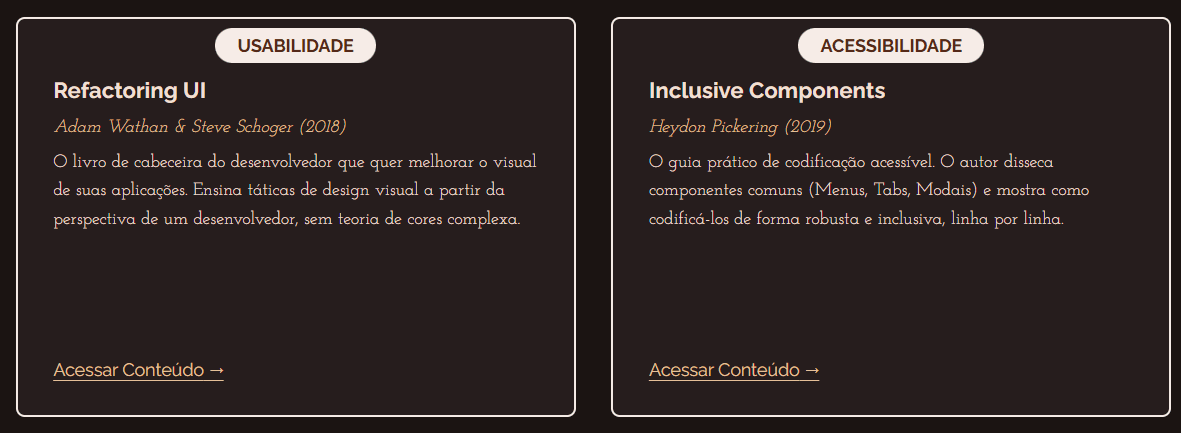 Grid de cards de leitura com layout consistente entre os itens.