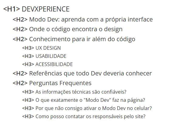 Estrutura de títulos da página usando tags h1, h2 e h3 corretamente.