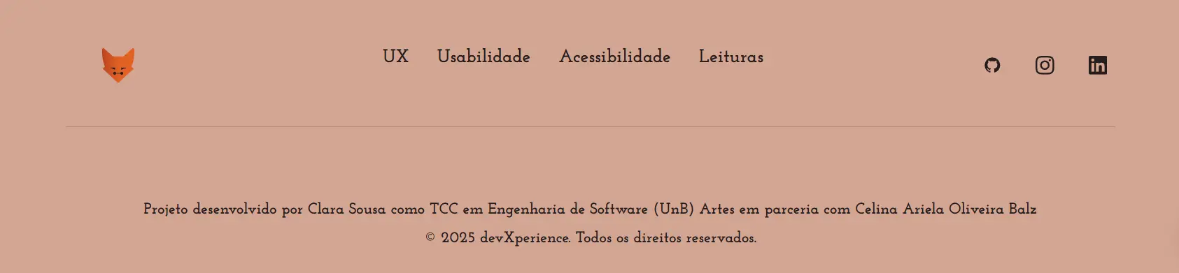 Rodapé completo com informações institucionais e redes sociais.